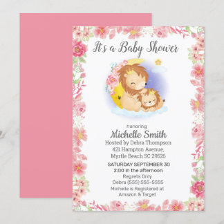 Invitación Baby Shower de mamá de león floral rosa
