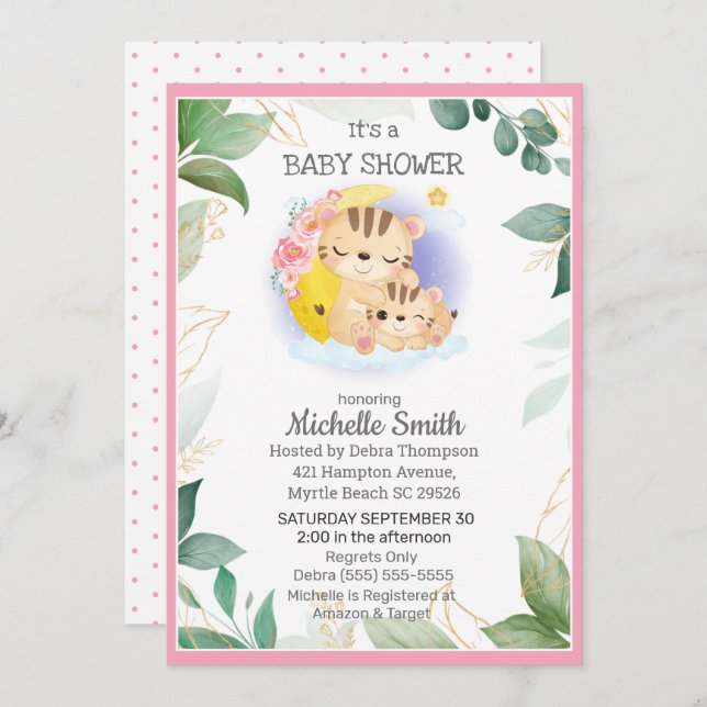 Invitación Baby Shower de mamá Floral del tigre verde rosado (Anverso / Reverso)