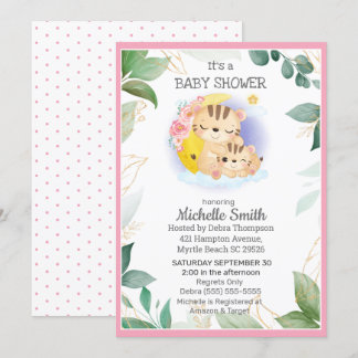Invitación Baby Shower de mamá Floral del tigre verde rosado