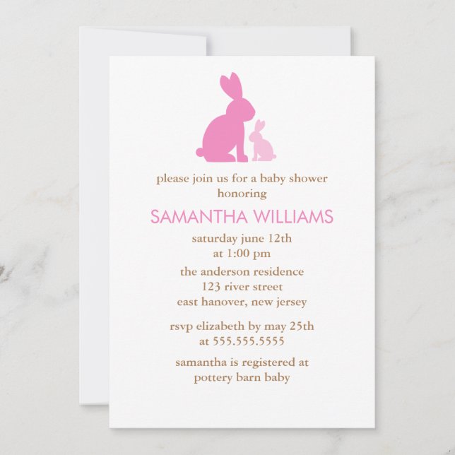 Invitación Baby Shower de Mamá Rosa y Conejo Bebé (Anverso)