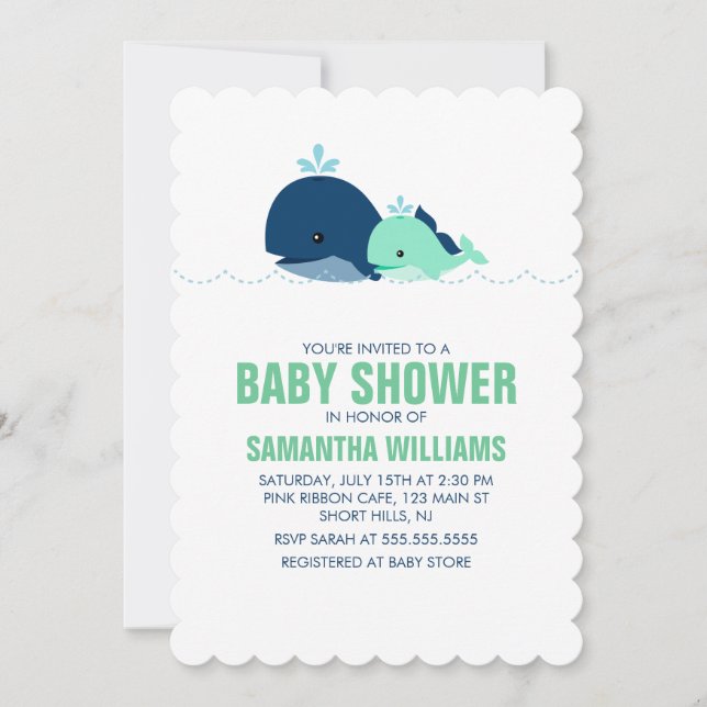Invitación Baby Shower de mamá verde y ballena bebé (Anverso)