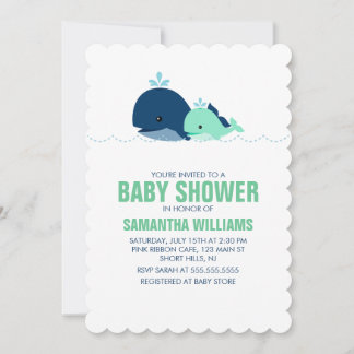 Invitación Baby Shower de mamá verde y ballena bebé