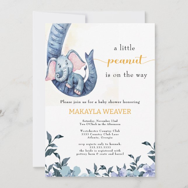 Invitación Baby Shower de maní azul para elefantes de presupu (Anverso)
