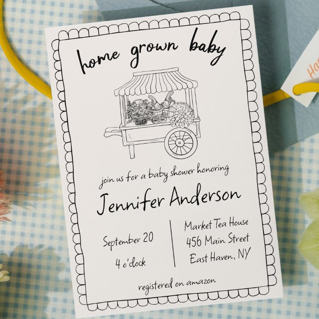 Invitación Baby Shower de mano de bebé cultivada en casa (home grown baby shower farmers market invitation hand drawn scribble doodle invite gender neutral )