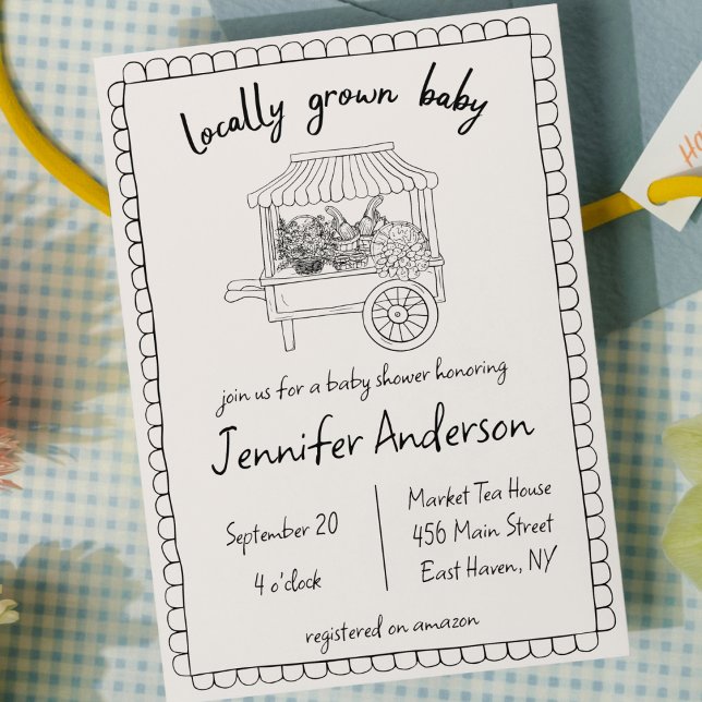 Invitación Baby Shower de mano de bebé de crecimiento local (locally grown baby shower hand drawn farmers market cute scribble doodle home grown gender neutral )