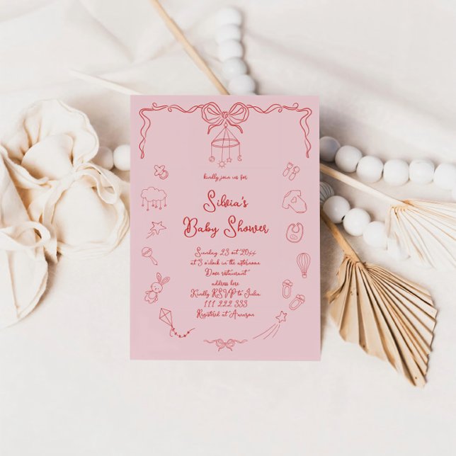 Invitación Baby Shower de mano dibujada, niña de bebé manuscr (Subido por el creador)