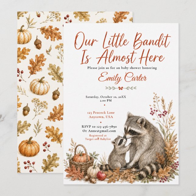 Invitación Baby Shower de Mapache de Otoño (Anverso / Reverso)