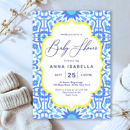 Invitación Baby Shower de marco amarillo con mosaico azul ita
