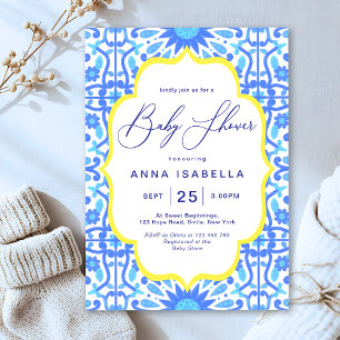 Invitación Baby Shower de marco amarillo con mosaico azul ita
