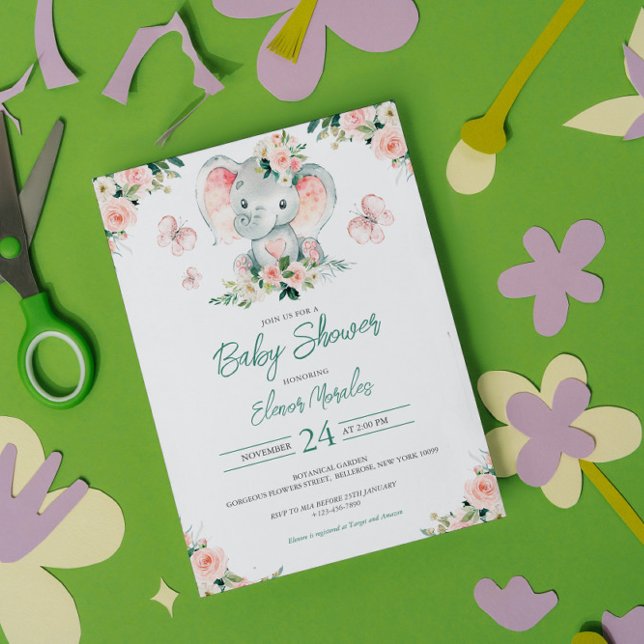 Invitación Baby Shower de marco de elefante floral verde rosa (Subido por el creador)