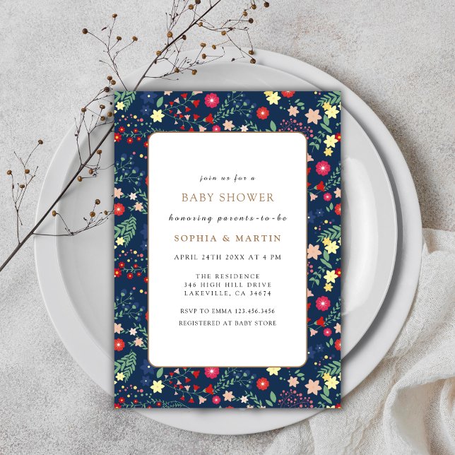 Invitación Baby Shower de marco de flor salvaje azul marino (Navy Blue Little Wildflower Frame Baby Shower Invitation)