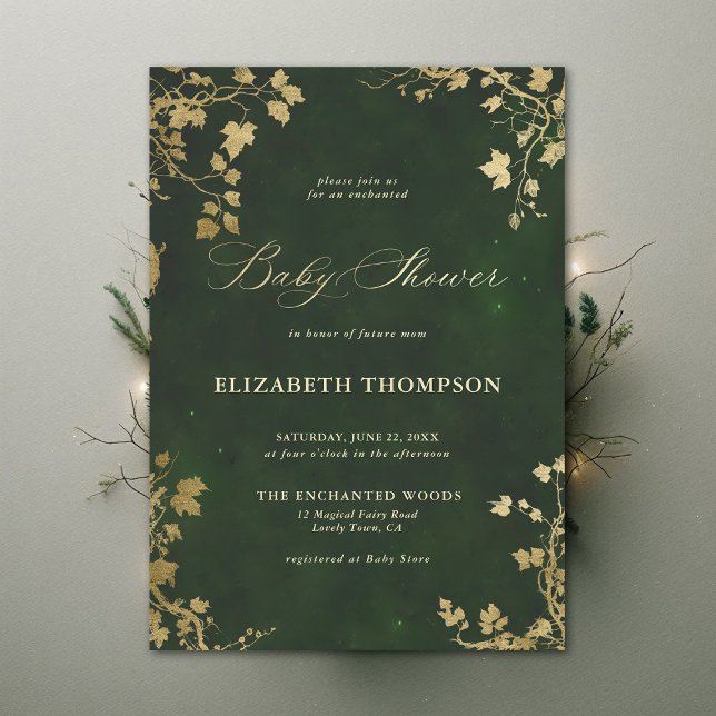 Invitación Baby Shower de marco de follaje mínimo de bosque e (Enchanted Forest Hunter Green Minimal Greenery Modern Calligraphy Neutral Baby Shower Invitation)