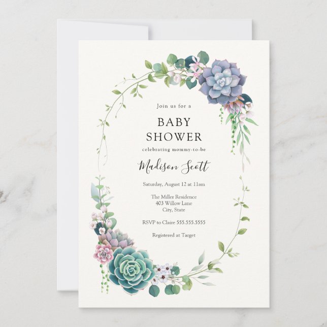 Invitación Baby Shower de marco de vegetación y suculento (Anverso)
