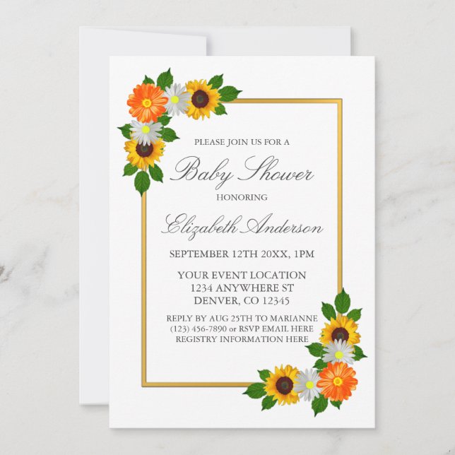 Invitación Baby Shower de marco dorado floral (Anverso)