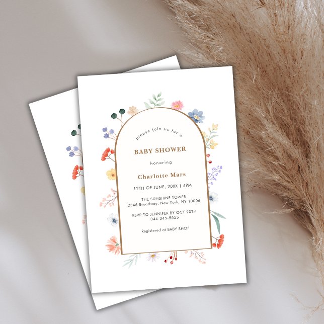 Invitación Baby Shower de marco floral de flores silvestres d (Boho Arch Wildflower Floral Frame Baby Shower Invitation)