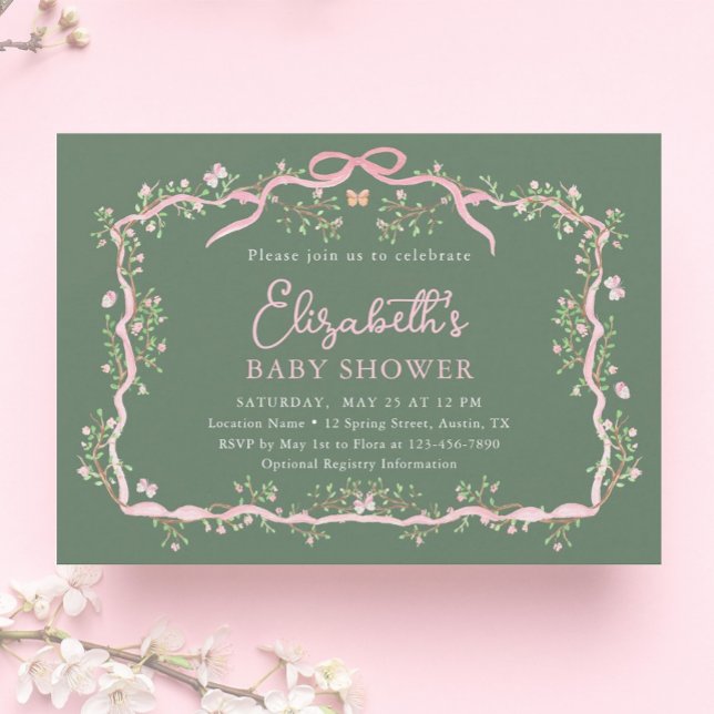 Invitación Baby Shower de marco floral de primavera rosada ve (Subido por el creador)