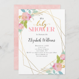 Invitación Baby Shower de marco geométrico de flores rosadas 