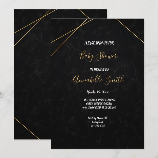 Invitación Baby Shower de marco geométrico negro y oro de mod (Anverso / Reverso)