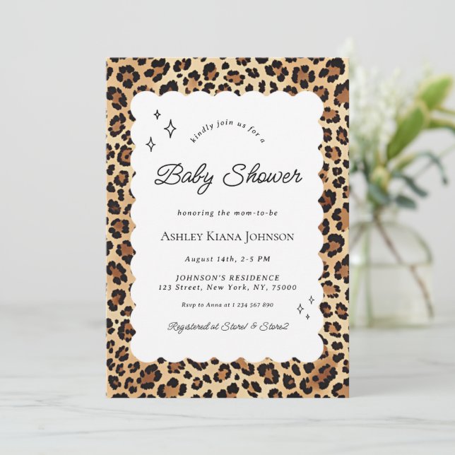 Invitación Baby Shower de marco ondulado de impresión Leopard (Anverso de pie)