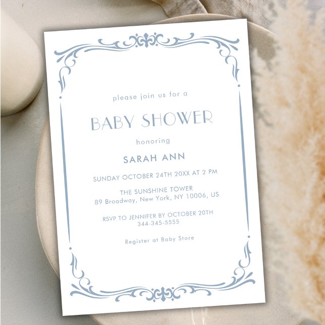 Invitación Baby Shower de marco vintage clásico francés (French Blue Classic Vintage Frame Baby Shower Invitation)
