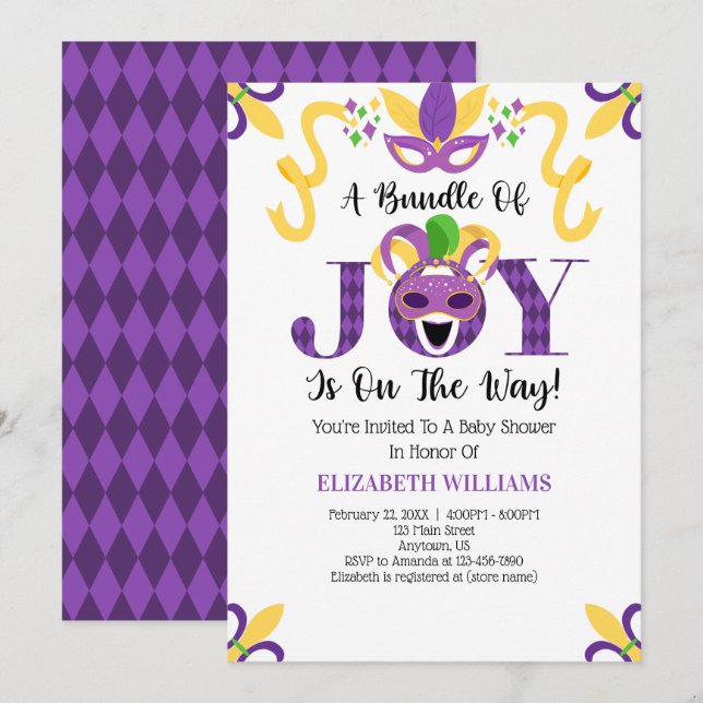Invitación Baby Shower de Mardi Gras (Anverso / Reverso)