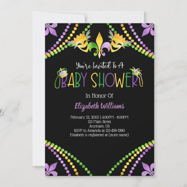 Invitación Baby Shower de Mardi Gras (Anverso)