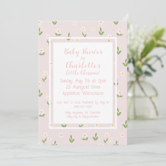 Invitación Baby Shower de margarita rosa y blanca (Anverso de pie)