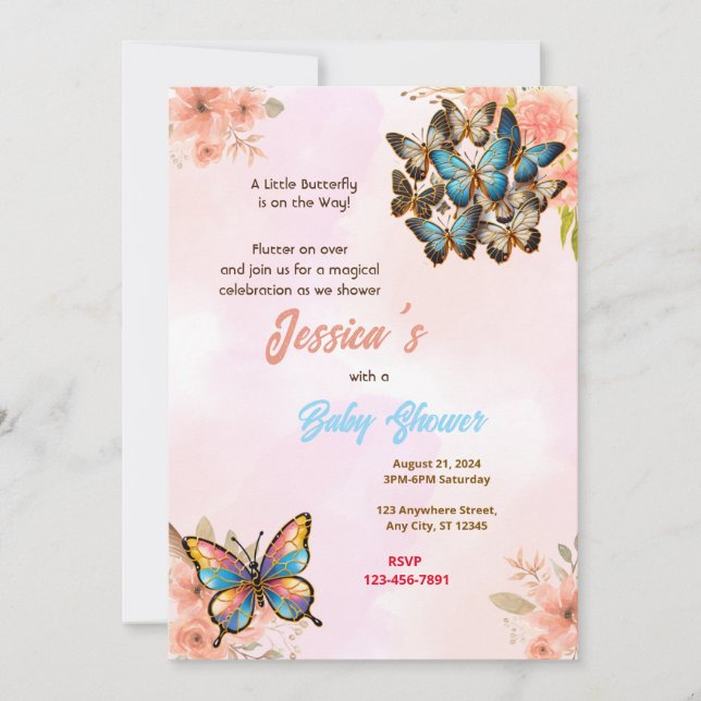 Invitación Baby Shower de mariposa (Anverso)