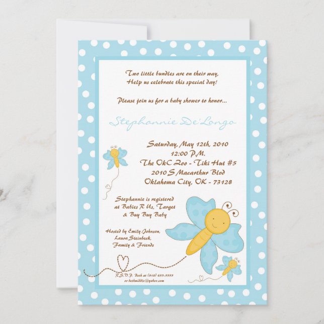 Invitación Baby Shower de mariposa azul TWINS 5x7 (Anverso)