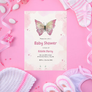 Invitación Baby Shower de mariposa color agua rosa
