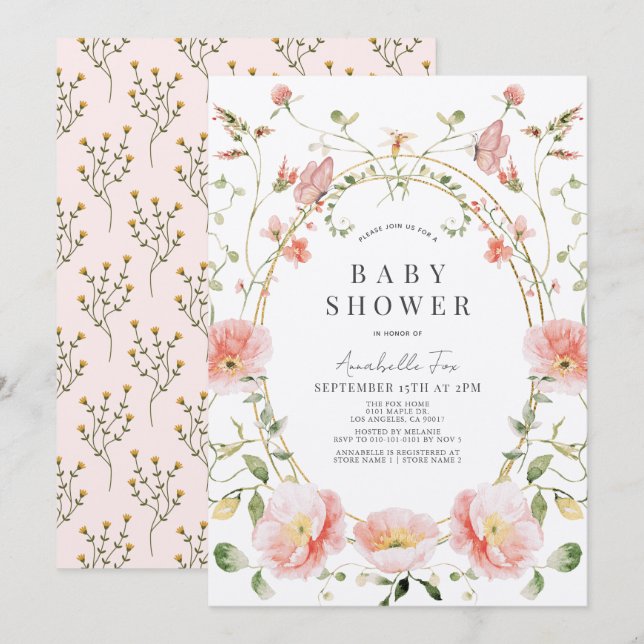 Invitación Baby Shower de mariposa con adormidera rosa Wildfl (Anverso / Reverso)