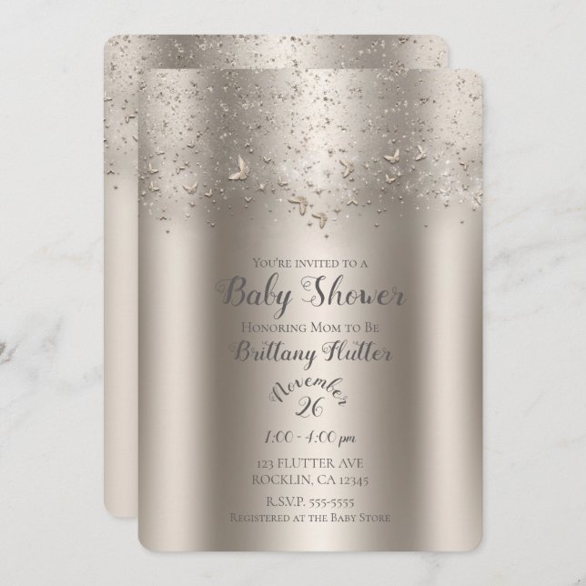 Invitación Baby Shower de mariposa con chispa de champán (Anverso / Reverso)