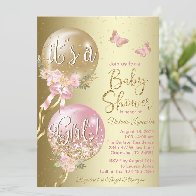 Invitación Baby Shower de mariposa de globos de oro rosa (Subido por el creador)