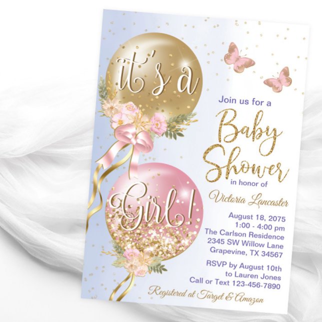 Invitación Baby Shower de mariposa de los globos morados de o (Pretty butterflies and balloons baby shower invitation. )