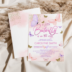 Invitación Baby Shower de mariposa de oro morado y rosa