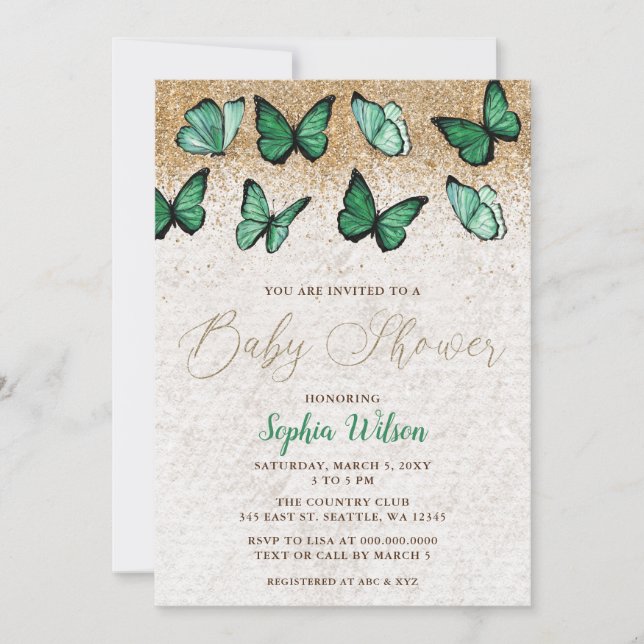 Invitación Baby Shower de mariposa de Purpurina de oro verde  (Anverso)