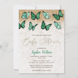Invitación Baby Shower de mariposa de Purpurina de oro verde 