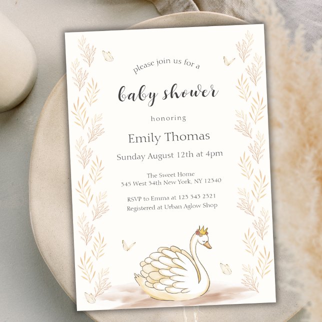 Invitación Baby Shower de mariposa de Swan Princess Gold Eleg (Gold Elegant Princess Swan Butterfly Baby Shower Invitation)