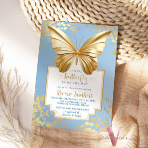Invitación Baby Shower de mariposa dorada azul