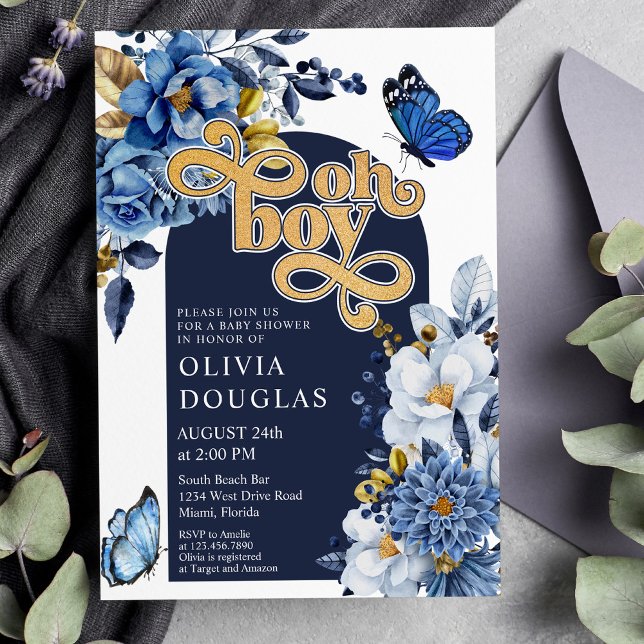 Invitación Baby Shower de mariposa floral azul marino y dorad (Subido por el creador)