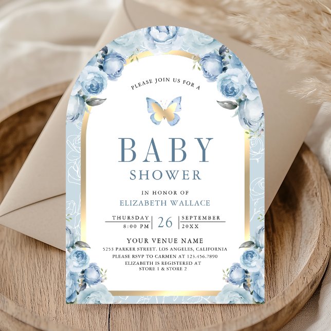 Invitación Baby Shower de mariposa floral azul suave (Subido por el creador)
