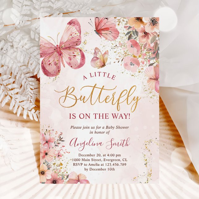 Invitación Baby Shower de mariposa floral de boho rosa (Subido por el creador)