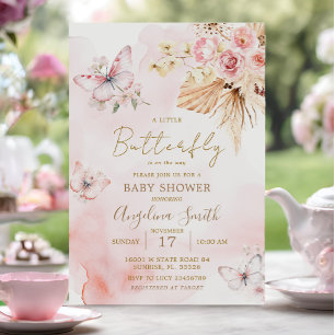 Invitación Baby Shower de mariposa floral de boho rosa
