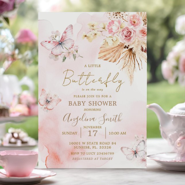 Invitación Baby Shower de mariposa floral de boho rosa (Subido por el creador)