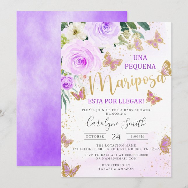 Invitación Baby Shower de mariposa floral de Lavender en espa (Anverso / Reverso)
