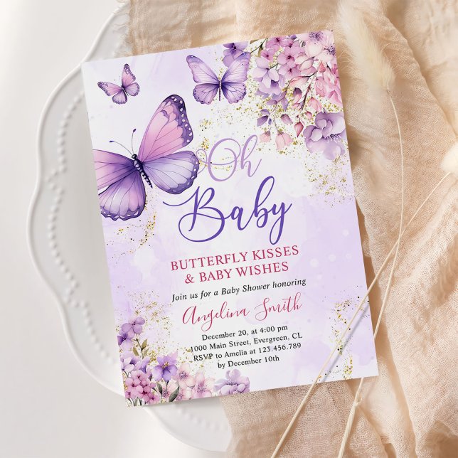 Invitación Baby Shower de mariposa floral morada y dorada (Subido por el creador)