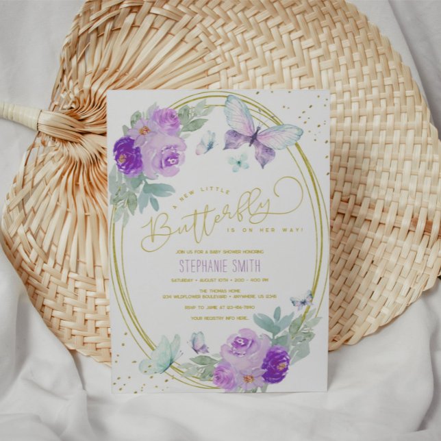 Invitación Baby Shower de mariposa floral morada y dorada (Subido por el creador)