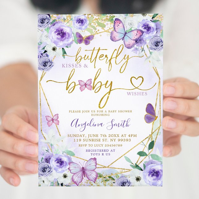 Invitación Baby Shower de mariposa floral morada y dorada (Subido por el creador)