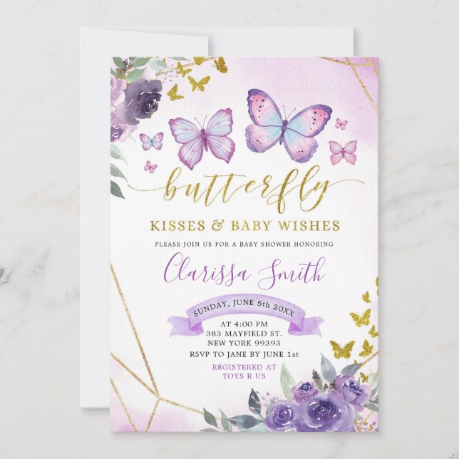 Invitación Baby Shower de mariposa floral morada y dorada (Anverso)