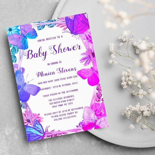 Invitación Baby Shower de mariposa floral rosa púrpura verde  (Teal Pink Purple Floral Butterfly Baby Shower Invitation)